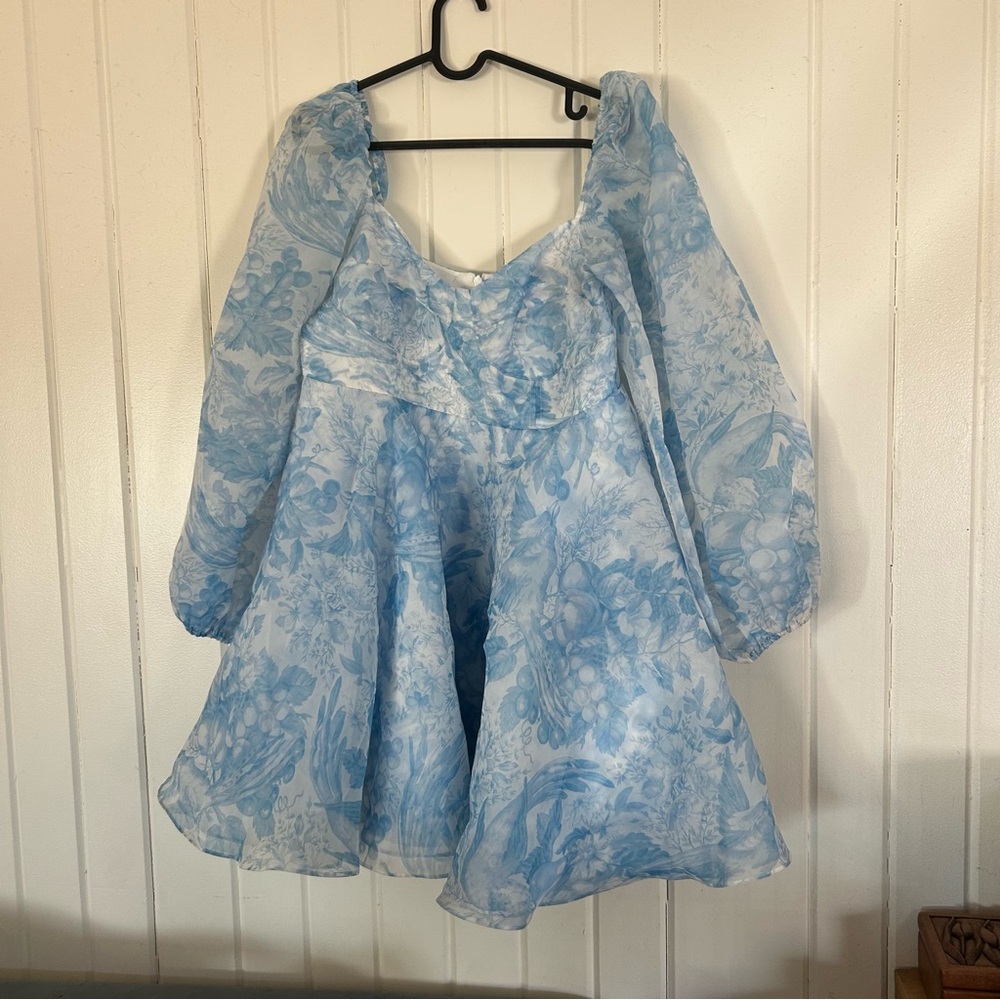 Selkie Blue Floral Dress with Sheer Sleeves